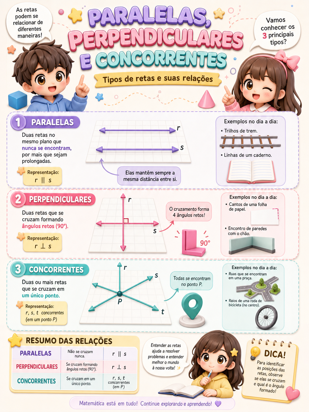 Cartaz ilustrado: Paralelas, Perpendiculares e Concorrentes
